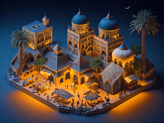 Isometrische Darstellung arabischer Dörfer und Städte zur Hintergrundillustration des muslimischen Feiertags