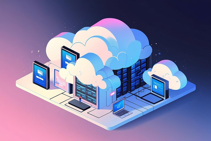 Foto isometrische darstellung der cloud-speicherung datenserverplattform netzwerkinfrastruktur