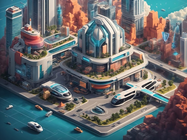 isometrische Darstellung einer futuristischen Stadt mit Hightech-Gebäuden, die Autos und Drohnen fliegen lassen