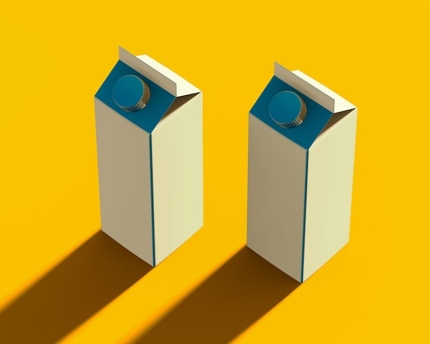 Foto isometrische darstellung einer weißen kartonpackung mit flüssigem produkt mit runder schraubkappe aus kunststoff auf gelb