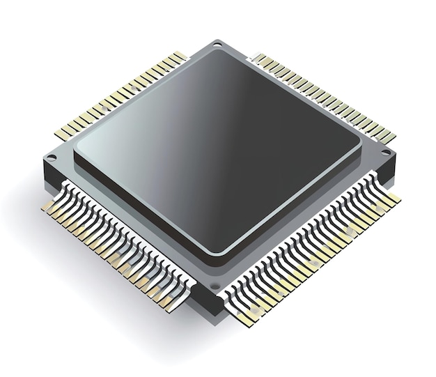 Isometrische Illustration eines Mikrocontrollers auf einer Leiterplatte, die das moderne Elektronik-Design zeigt