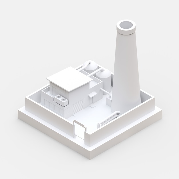 Isometrische Karikaturfabrik im Stil von Minimal. Weißes Gebäude. 3D-Rendering.