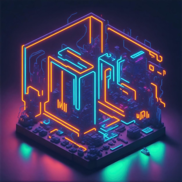 Isometrische Kubus-Computertechnologie Neonlicht-Cyberpunk-Thema