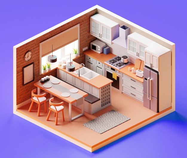Isometrische Küchenzusammensetzung Innenansicht des Essbereichs mit Herdküchengeschirr und Schränken. 3D-Darstellung