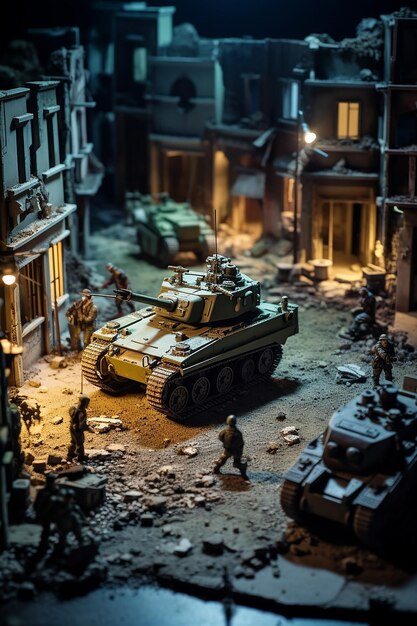 Foto isometrische miniatur-welt-diorama eines trupps von acht soldaten und einem panzer, die in einer vom krieg zerrütteten stadt patrouillieren