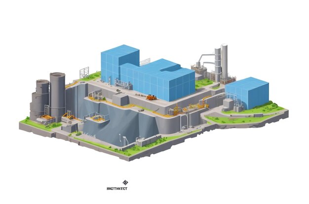 isometrische Zusammensetzung von Industriegebäuden mit Blick auf die Anlagen