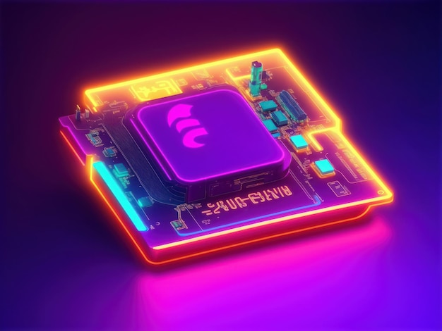 Isometrischer Chip-Prozessor-Mutterplatten-Cyberpunk-Neonlicht-Thema