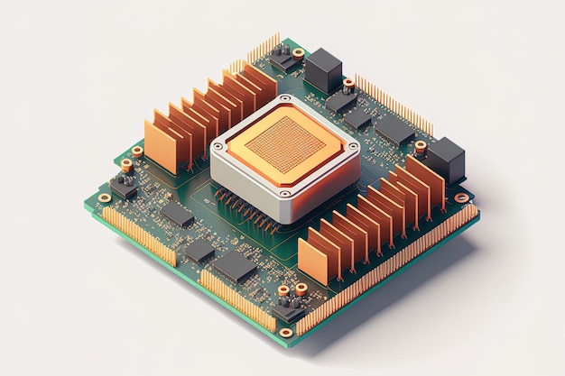 Isometrischer Prozessor-Mikrochip eines elektronischen Motherboards auf weißem Hintergrund