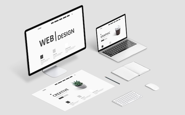 Isometrischer Webdesign-Studio-Schreibtisch mit Computer-Display-Laptop und Konzept-Seitenlayout