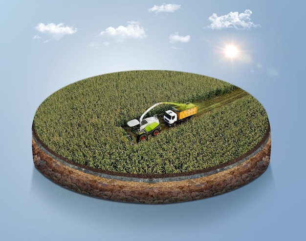 Isometrisches 3D-Bauernhofstück mit Erntetraktor. Stück runder Bauernhof aus Weizen und Mais. Farm-Anzeigen.