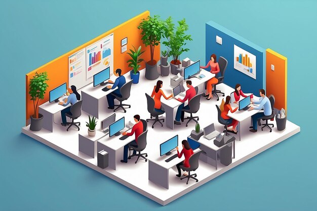 Isometrisches Geschäftsbüro-Team Unternehmensteamarbeit Treffen Mitarbeiter Arbeitsplatz und Menschenarbeit Karriere-Strategie Beratung oder Coworking Arbeitsraum 3D-Vektor-Illustration Isolierte Ikonen-Set