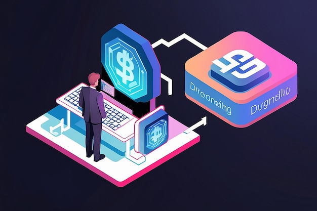Isometrisches Geschäftsmann-Programmierscript mit Blockchain-Technologie