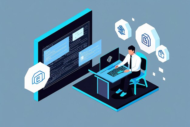 Isometrisches Geschäftsmann-Programmierscript mit Blockchain-Technologie