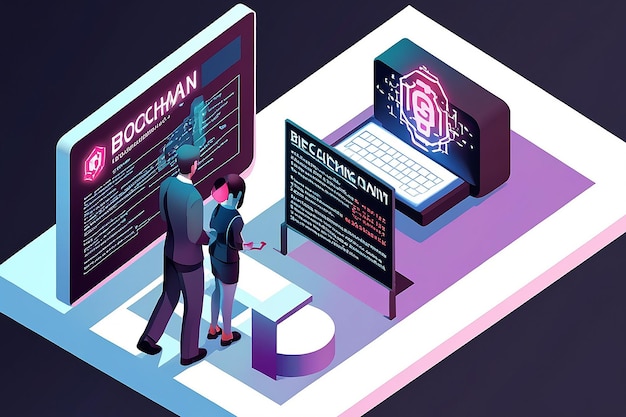 Isometrisches Geschäftsmann-Programmierscript mit Blockchain-Technologie