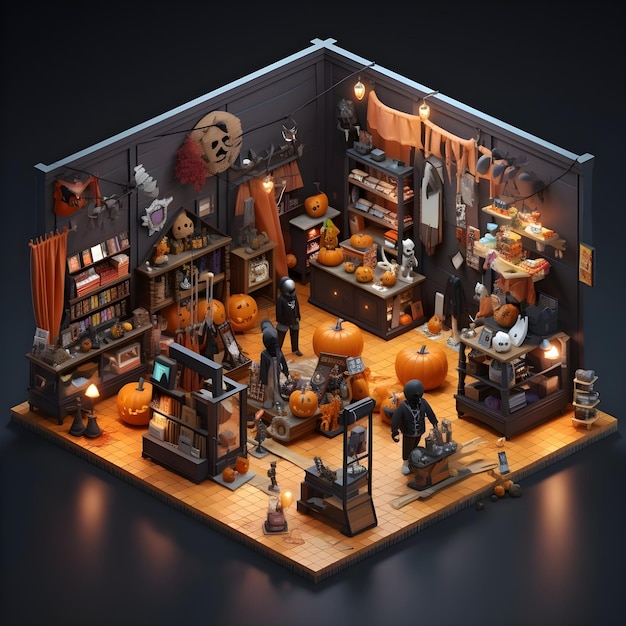 Isometrisches Halloween-Haus mit Kürbissen Geister und Süßigkeiten Vogelscheuche 3D-Illustration