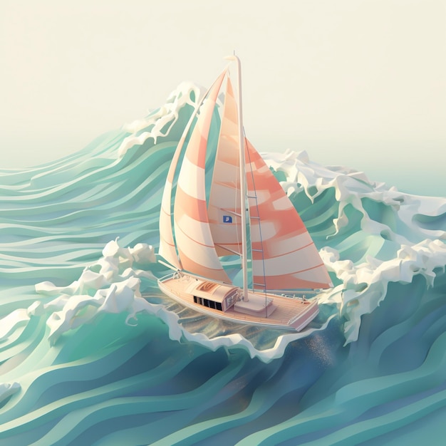isometrisches Segelboot im 3D-Raum in den Wellen mit Wind als Hintergrund
