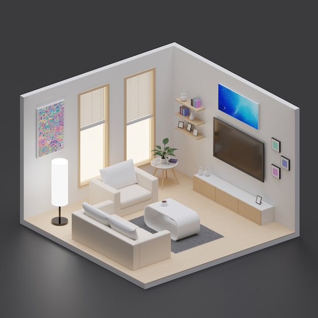 Foto isometrisches wohnzimmer offen im inneren der innenarchitektur 3d-rendering