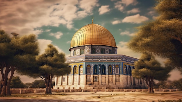 Isra Miraj con fondo de ilustración de masjid al Aqsa