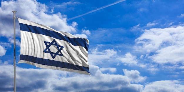 Israel acenando a bandeira na ilustração 3d do céu azul