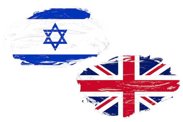 Israel y la bandera del Reino Unido juntos en un fondo de pincel de trazo blanco