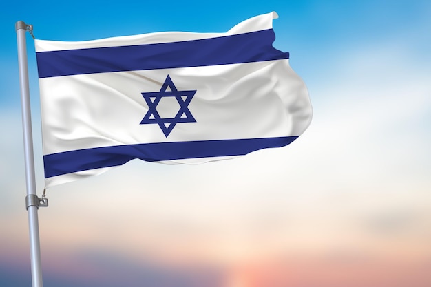Israel ondeando la bandera en el cielo azul con el símbolo nacional emblema oficial