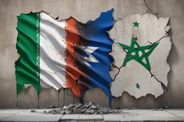 Israel- und Hamas-Fahnen über die zerrissene Betonmauer gemalt Und Lava fließt hinter Israel-Hamas-Krieg