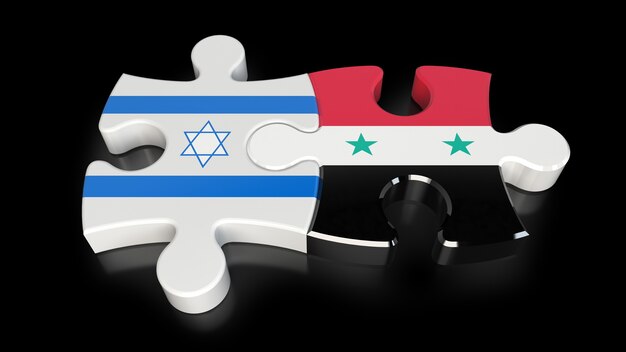 Foto israel- und syrien-flaggen auf puzzleteilen. politisches beziehungskonzept. 3d-rendering