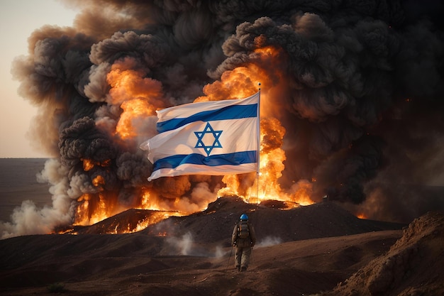 Israelische Flagge mitten im Jerusalemer Krieg mit Asche am Himmel