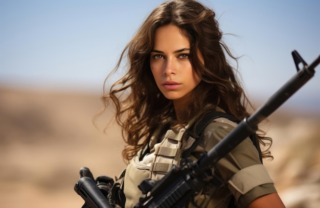 Israelisches Patriotenmädchen in Militäruniform mit einer Waffe