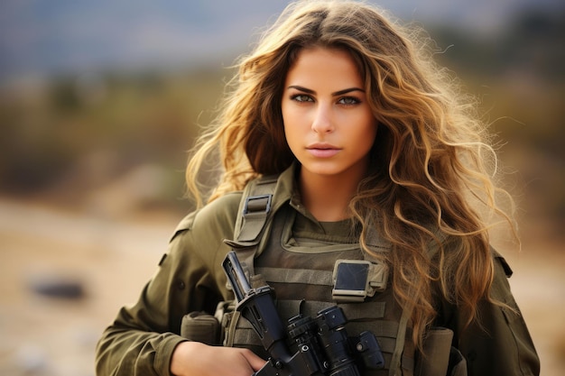 Israelisches Patriotenmädchen in Militäruniform mit einer Waffe