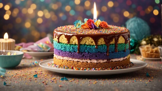 Isso pode incluir velas de confete ou decorações festivas em torno do bolo arco-íris