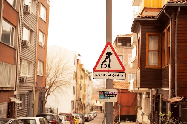 IstambulTurquia 1 de maio de 2022 Aviso de sinal de trânsito em turco que petscatsdogs podem sairAtenção ao conceito do motoristaCopyspace