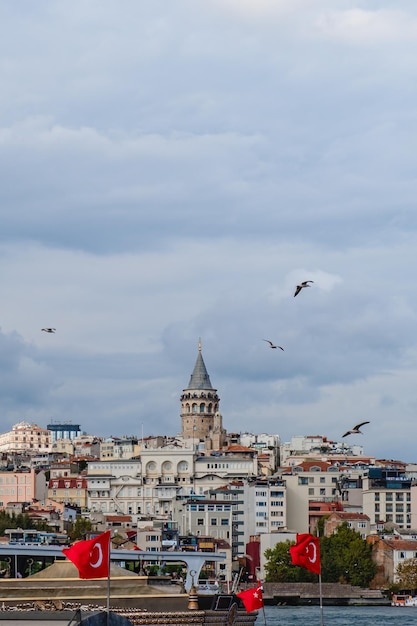 Istanbul Türkei 1. Oktober 2021 Landschaft von Karakoy Istanbul mit Dampfbooten Galata Tower