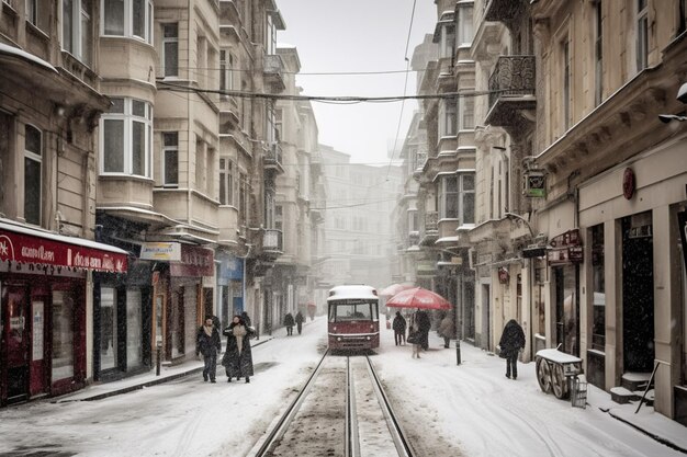 Istiklal-Straße an einem verschneiten Wintertag in Taksim Beyoglu