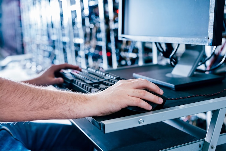 Foto it-spezialist, der in einer bitcoin- und kryptowährungs-mining-farm arbeitet