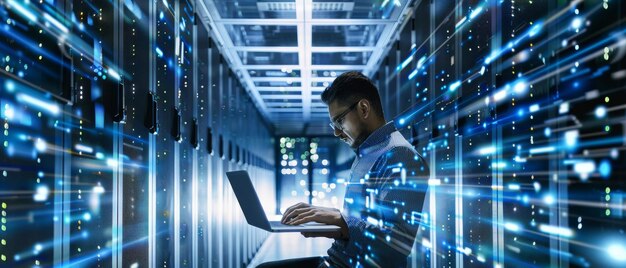 IT-Spezialist, der mit Laptop-Computern für Datenzentren arbeitet Systemadministrator, der in einer Serverfarm-Cloud-Computing-Einrichtung arbeitet Cybersecurity-Engineering-Netzwerk für den Datenschutz