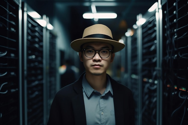 IT-Spezialist mit Hut und Brille im Bereich der generativen KI im Rechenzentrum