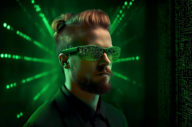 IT-Spezialist mit intelligenter Brille und generativer Cyberspace-Green-Matrix-KI