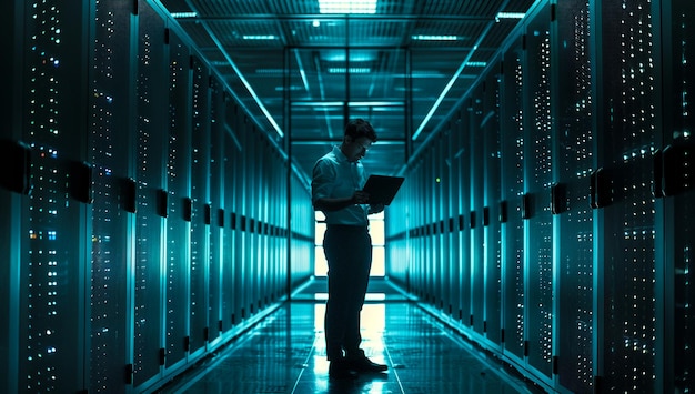 IT-Techniker arbeitet in einem modernen Rechenzentrum, das von Servern und fortschrittlicher Technologie umgeben ist