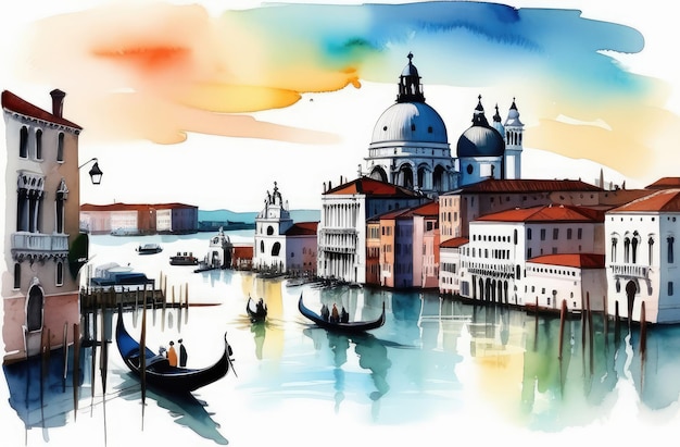 Foto itália cartão postal conceito de viagem veneza aquarela ilustração de canais de água com gôndolas