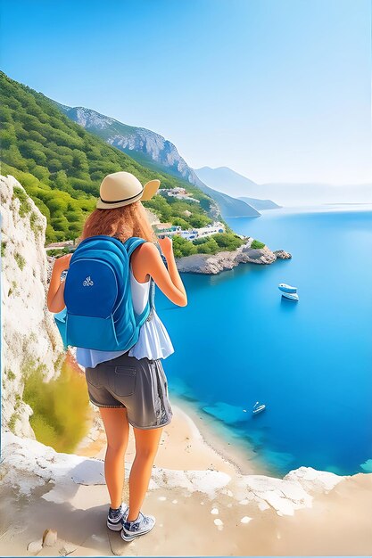 Italia chica con sombrero de paja disfrutando de senderismo verano y hermoso paisaje Leonardo Ai