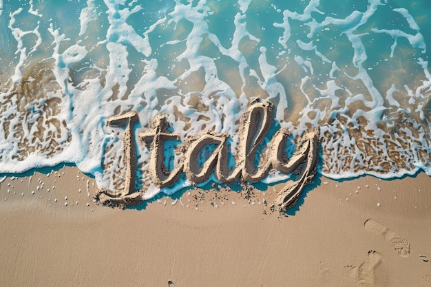 Italia escrita en la arena en una playa Fondo de turismo y vacaciones italianas