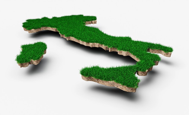 Italia Mapa suelo tierra geología sección transversal con hierba verde y textura de suelo de roca ilustración 3d