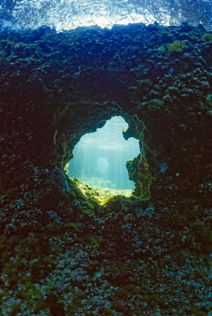 Itália, Mar Mediterrâneo, Calábria, Briatico, foto UW; vista da rocha de Santa Irene, na qual os romanos esculpiram vasos para aquicultura de moreias (FILM SCAN)