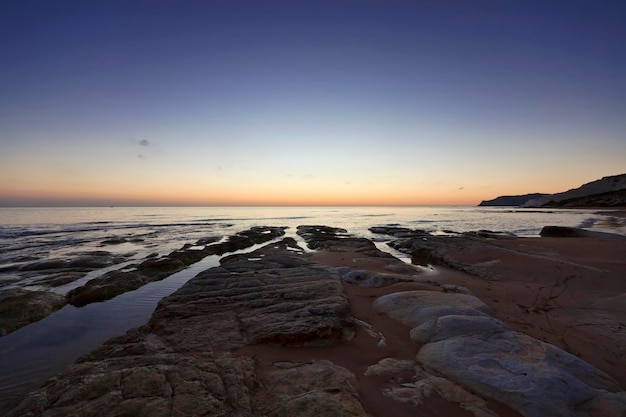 italia, sicilia, realmonte, vista, de, el, turco, escalera, playa, en, ocaso