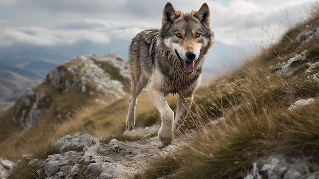 Italian Wolf39s Playful Chase nas montanhas dos Apeninos