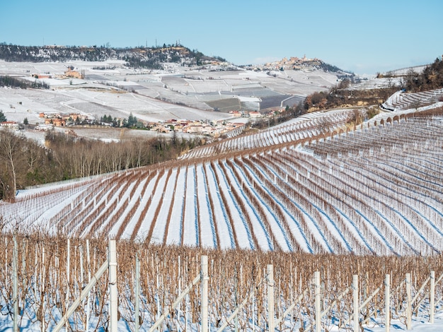 Italien Piemont: Weinbergreihe, einzigartige Landschaft im Winter mit Schnee, ländliches Dorf auf einem Hügel