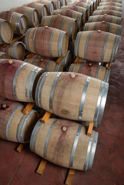 Italien Sizilien Provinz Ragusa Weinfässer aus Holz in einem Weinkeller