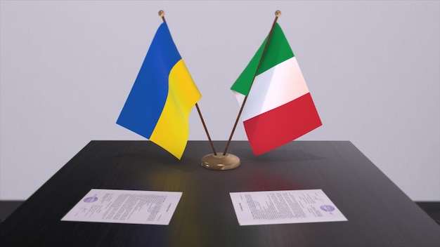 Italien- und Ukraine-Flaggen auf politischer Tagung treffen 3D-Illustration