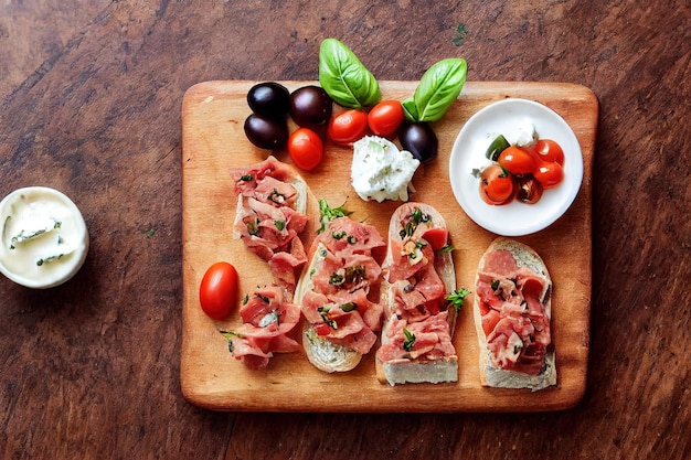 Italienische Bruschetta mit gerösteten Fleisch-Mozzarella-Oliven und Tomaten auf Holzbrett